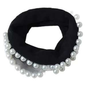 Black fabric hair tie decorated with elegant faux pearls, high elasticity scrunchie for women.