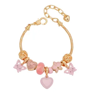 Bracelet à charms plaqué or avec pendentifs cœur papillon rose, bijoux femme mignons
