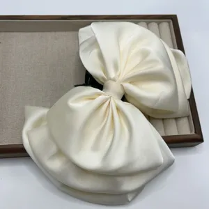 Elegant satin large bow hair claw clip, cream white French style hairpin for women hair styling