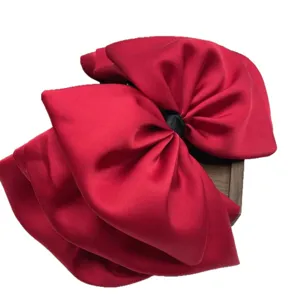 Elegant large red satin bow hair clip with black knot for women girls chic fashion headwear