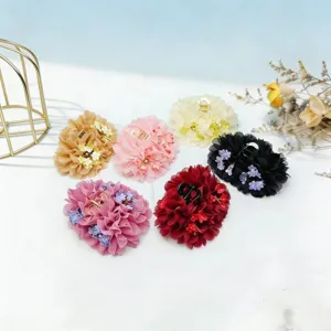 Elegant fabric flower hair claw set, mesh floral hair clips for women and girls daily styling.