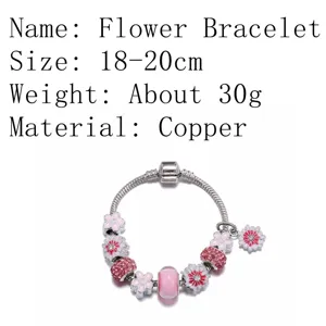 Zilverkleurige bedelarmband met roze bloemkralen, koperen materiaal, 18-20cm lengte stijlvolle sieraden.