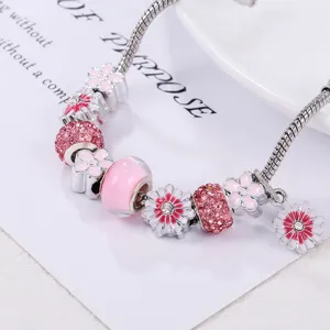 Europees en Amerikaans stijl zilveren slangenketting bedelarmband met roze kralen.