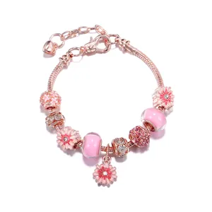 Rosé Goud Vergulde Emailles Bloem Bedel Armband Roze Zirkonia Slangenketting Vrouwen