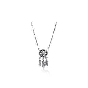 Elegant silver-colored clavicle necklace with a delicate flower pendant and feather charms.