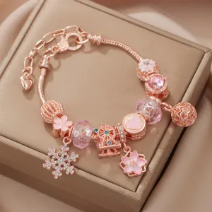 Sweet Rose Gold Plated Charm Bracelet With Crystal Rhinestone Flower Snowflake Heart Pendant Beads Snake Chain Charm Bangle Jewelry Valentine Day Gift For Women