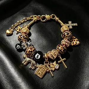 Retro Pulsera de Dijes de Cruz de Aleación de Zinc Estampado de Leopardo Oro Strass Resina Ocho Negro Villar Pulsera de Cadena de Serpiente Joyería Regalo Unisex