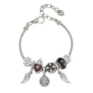 Silbernes DIY Charm Armband mit Engelsflügeln Herz Perlen und Schlangenkette für Damen.