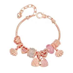 Rose gold charm bracelet with pink crystal beads and sweet heart pendants for women gift.