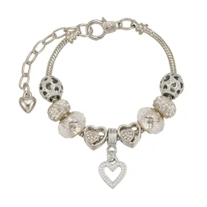 Pulsera de abalorios de plata con cuentas de cristal de corazón, joyería DIY de moda.