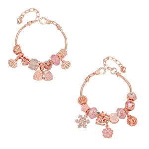 Rose gold charm bracelet with cherry blossom, snowflake and heart beads for women gift.