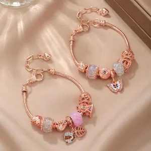 Sweet Rose Gold Zinc Alloy DIY Charm Bracelet for Women Pink Rhinestone Heart Butterfly Leaf Pendant Snake Chain Beaded Strand Wristband Jewelry