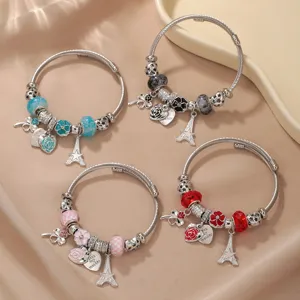 Mode Roestvrij Staal DIY Kralen Charm Armband Met Klavertje Hart Ster Toren Hanger Strass Emaille Armband Sieraden Cadeau Voor Vrouwen