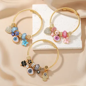 Bracciale Charm Occhio Turco in Lega Strass di Moda Catena da Mano con Perline di Corda Intrecciata in Acciaio Inossidabile per Gioielli da Donna Regalo