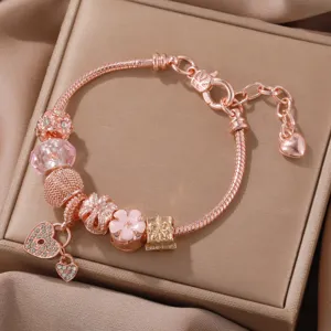 Βραχιόλι με charms DIY σε ροζ χρυσό με ροζ λουλούδια και καρδιές, γυναικείο κόσμημα.