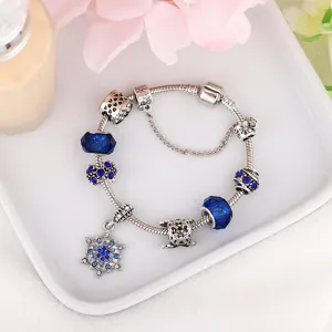 Blue crystal charm bracelet with snowflake pendant for women diy Christmas silver jewelry gift