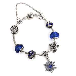 Blue crystal rhinestone charm bracelet DIY silver color snake chain snowflake fairy tale style.