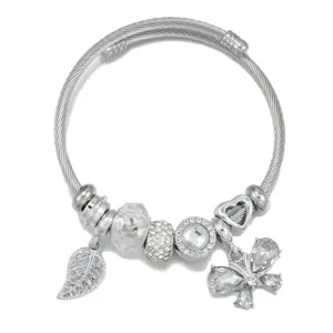 Stainless steel DIY charm bracelet featuring leaf and crystal butterfly pendants for women.