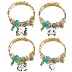 DIY Stainless Steel Wire Bangle For Unisex Cartoon Green Enamel Panda Bamboo Pendant Charm Bracelet Ethnic Fashion Jewelry Travel Souvenir Gift