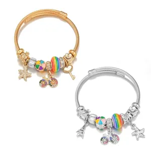 Pulsera de Abalorios de Acero Inoxidable Aleación Resina Colorida Bicicleta Arco Iris Estrella de Mar Diamante de Imitación Colgante Cuentas Brazalete para Mujeres Niños Regalo