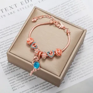 Moda Placcato Oro Rosa Rame Lega Fenicottero Ciondolo Cuore Strass Charm Perline Catena Serpente Braccialetto Charm da Donna