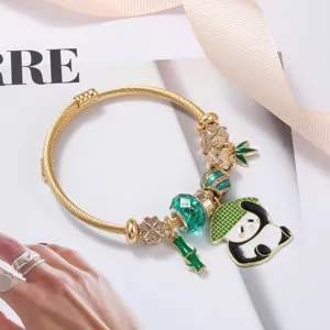 Stainless steel cable wire bracelet with cute green panda and bamboo charms for women daily wear.
