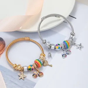 Pulsera de dijes de acero inoxidable con colgante de bicicleta colorida y cuentas