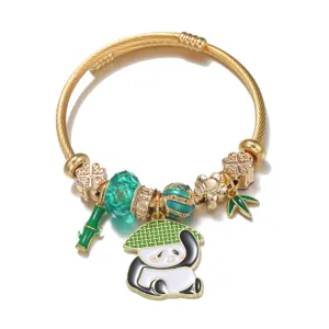 Gold stainless steel wire bangle bracelet with green beads and cute panda pendant detail.