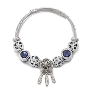 Fashion stainless steel cable wire open bracelet with DIY hollow dreamcatcher and blue crystal charms.