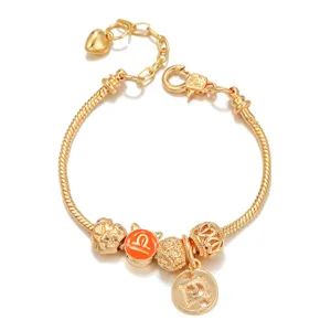 Gold zodiac charm bracelet with orange libra bead and snake chain for women jewelry gift