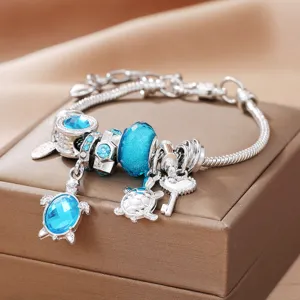 Blue turtle charm bracelet DIY silver snake chain jewelry ocean style crystal beads