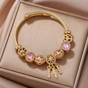 Fashion stainless steel open charm bracelet with pink crystal and dreamcatcher beads