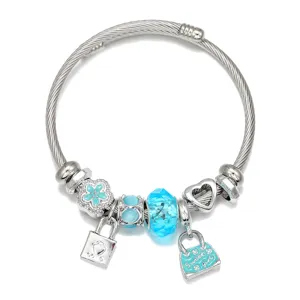 Bracciale rigido in acciaio inossidabile con perline di cristallo blu e ciondolo borsa sweet girl.