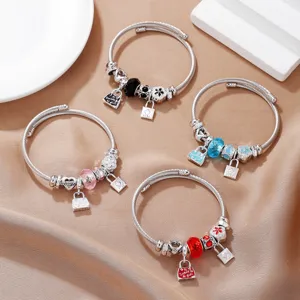 Bracciale Rigido Fai-da-te in Acciaio Inossidabile per Donna Ciondolo a Borsa Fiore Smalto Strass Braccialetto con Charm Gioielli alla Moda