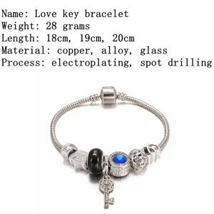 Pandora stijl liefde sleutel bedel armband koper legering glas galvanisch sieraden 18-20cm