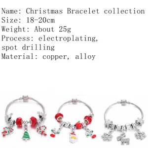 Christmas bracelet details featuring metal alloy charms, festive tree and Santa Claus pendant.