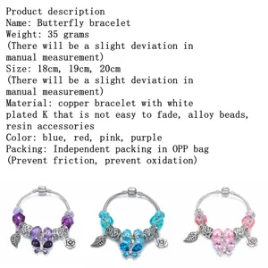 Bracelet charms papillon avec perles de cristal colorées et pendentif pour mode féminine.