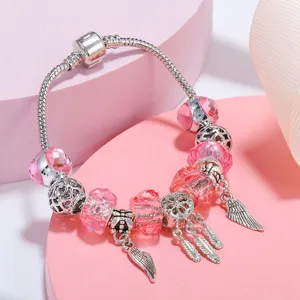 Pulsera de Cuentas de Cristal Multicolor para Mujer Colgante de Ala de Atrapasueños Cadena de Serpiente Plateada Pulsera de Amuletos Joyería Regalo