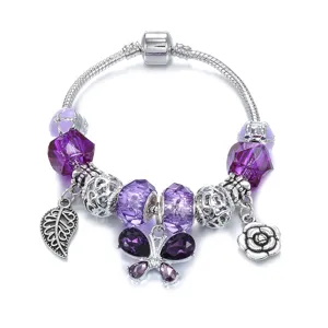 Bracelet charms en cristal violet avec pendentif papillon chaîne serpent bijoux mode