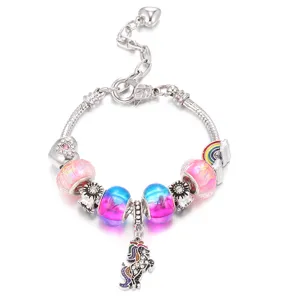Grazioso braccialetto con unicorno per bambini, perle colorate catena serpente in argento.