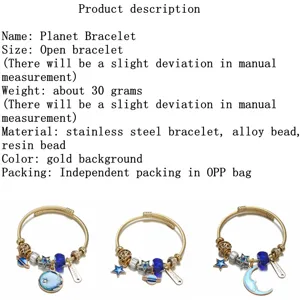 Bracelet jonc ouvert réglable en acier inoxydable avec pendentif planète lune pour femme.
