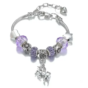 Bracciale con ciondolo unicorno in argento con perline di cristallo viola gioielli fai