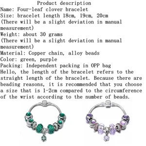 Four-leaf clover charm bracelet detail view, alloy beads and snake chain design.