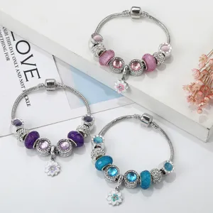 Mode Kupfer Legierung Charm Armband Mit Gänseblümchen Anhänger Strass Künstliche Perle Perlen Für Mädchen Damen Schmuck