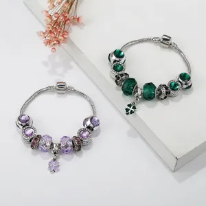 Four Leaf Clover Charm Bracelet For Women DIY Large Hole Beads Alloy Copper Rhinestone Jewelry Snake Chain Bracelet Gift