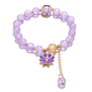 Purple crackle crystal bead bracelet with cute daisy pendant and golden charms, perfect fresh style.