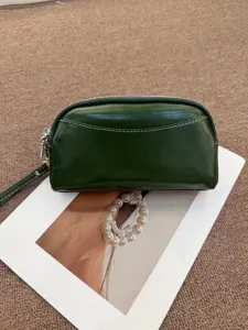 Dark green leather wristlet clutch bag minimalist style women fashion coin purse phone bag