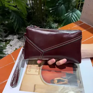 Vintage genuine leather women clutch bag with wrist strap burgundy mobile phone coin purse.