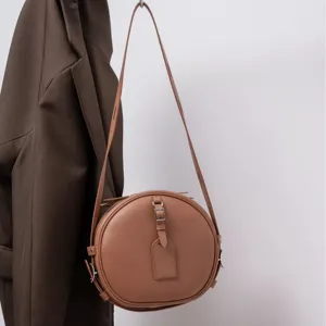 Vintage Minimalist Genuine Leather Round Crossbody Bag Women Top Layer Cowhide Shoulder Bag Daily Purse
