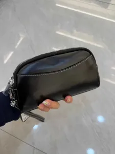 Black genuine leather women minimalist clutch bag daily versatile wristlet phone purse.